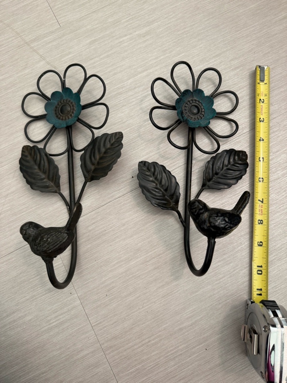 Floral Bird Wall Hook Pair - Black with Teal Flower Accents